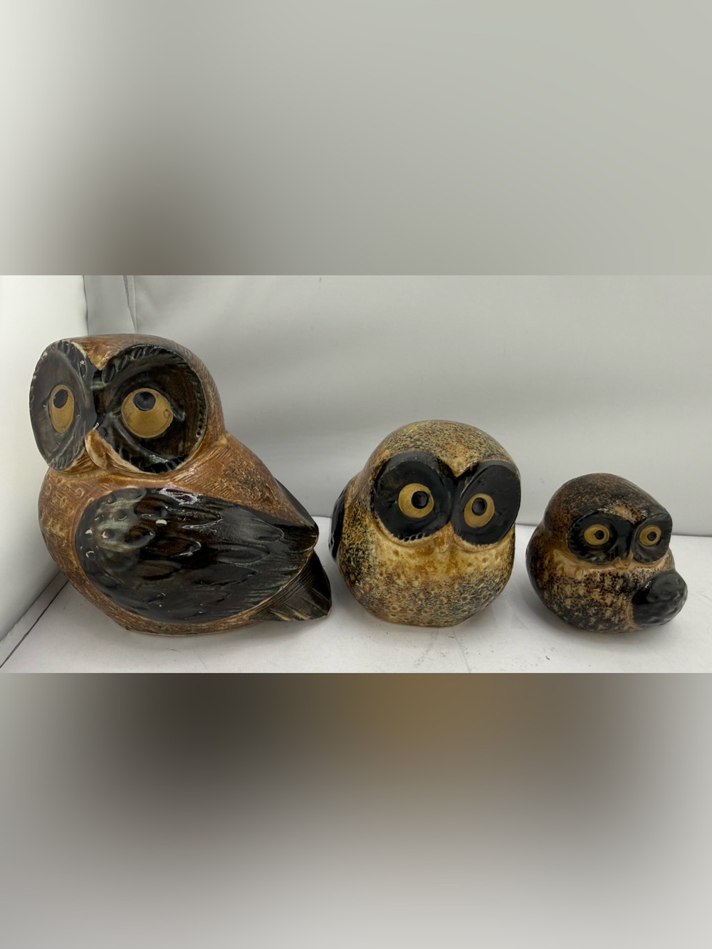 3 Vintage Stoneware SET Otagiri Japan OWLS Speckled FAT Brown Owl Figurines